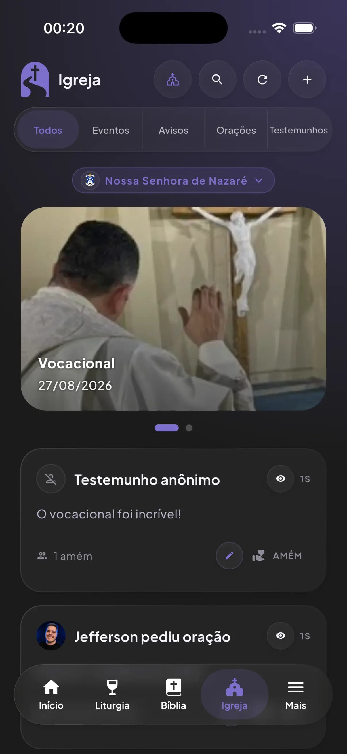 Tela Igreja do app no iPhone