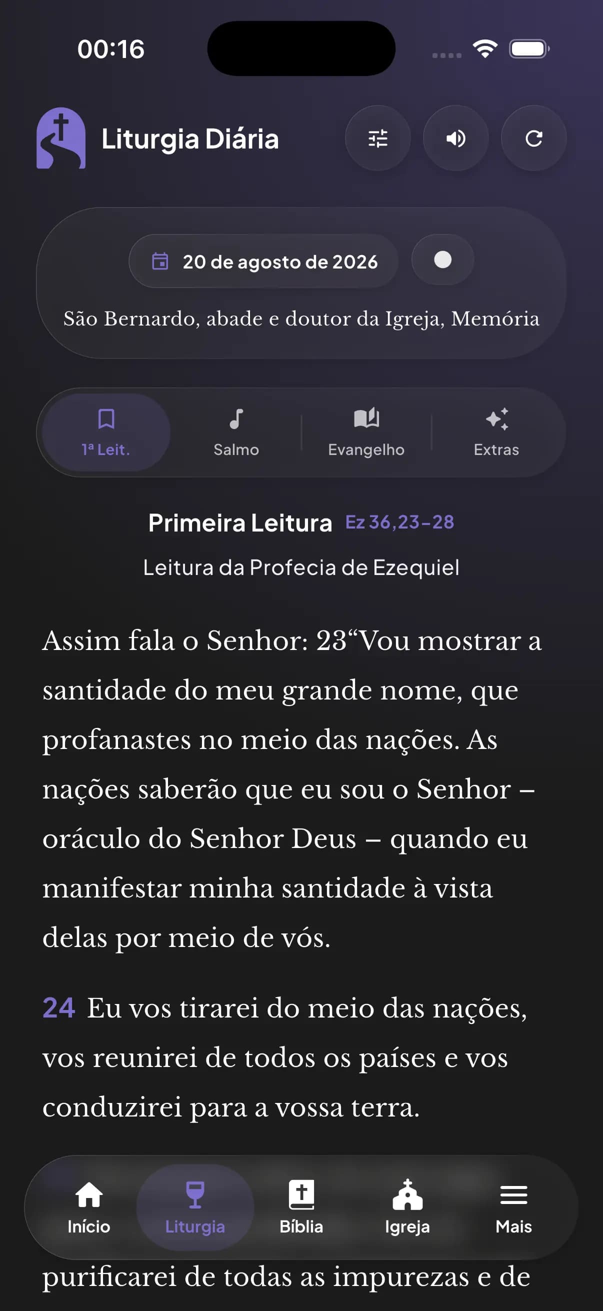 Tela de liturgia diária no iPhone