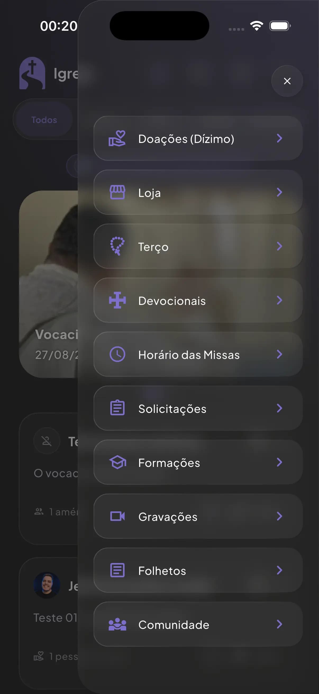Tela Menu do app no iPhone